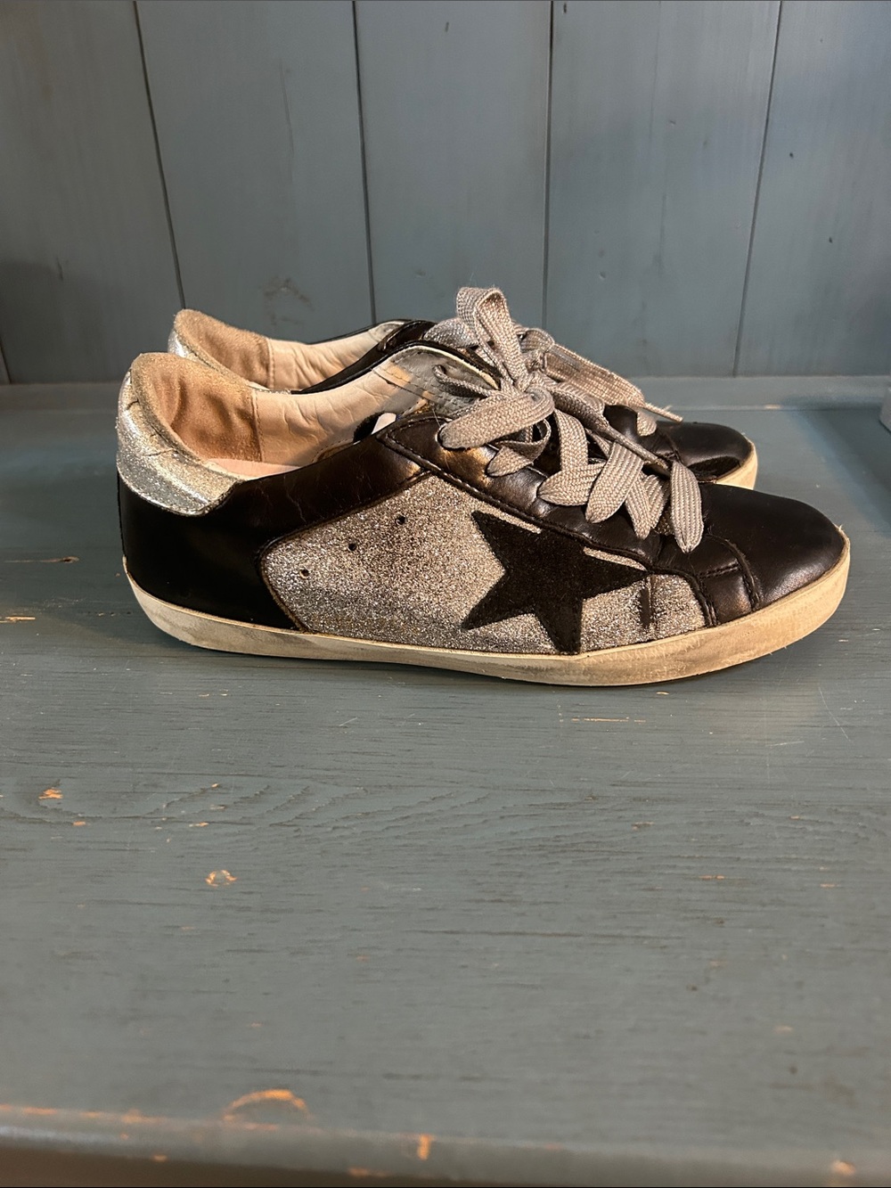 Golden Goose Black Leather Sneakers with Silver Glitter Panels | Size 37 US 7
